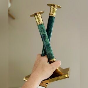 GREEN SALE 🍀 Vintage green marble and brass candlestick holders
